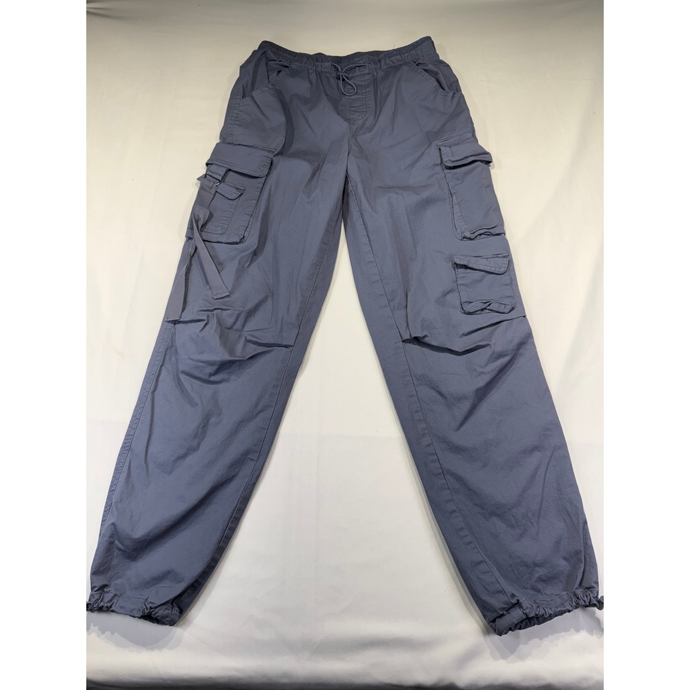 Womens Cargo Pants Blue Gray Y2K Utility Jogger Size M Pocket Drawstring Elastic